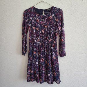 Trixxi Girl blue floral long sleeve dress ruffle hem cinched waist Size L
